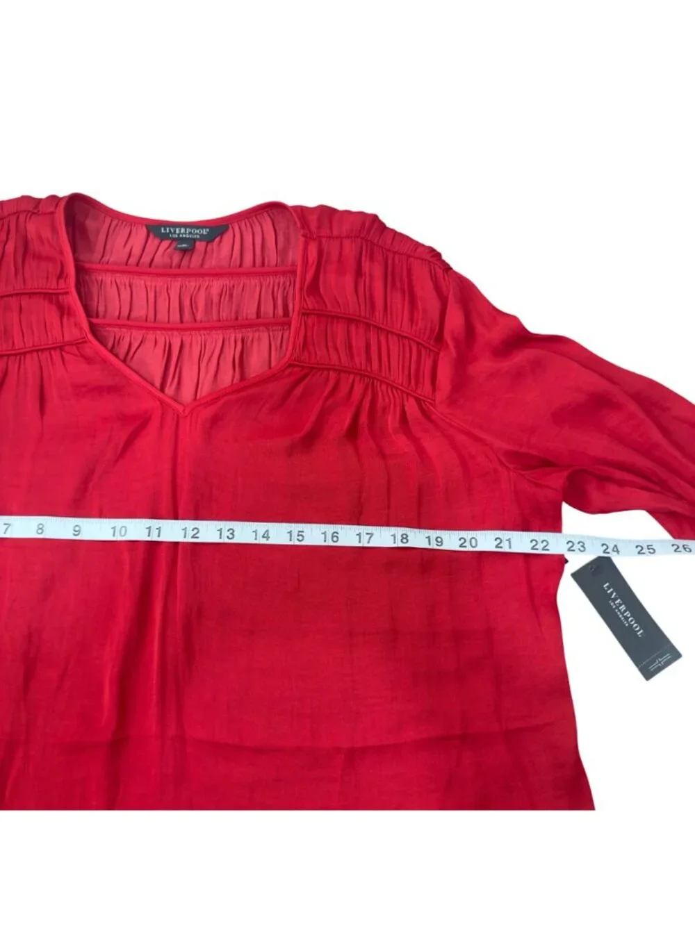 Liverpool Womens Tango Red Long Sleeve Blouse V-Neck Smocked Details Size M - Picture 5 of 11